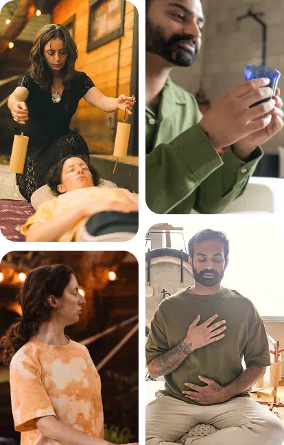 Collage of energy healing practices: candle work, crystals, meditation, and breathwork